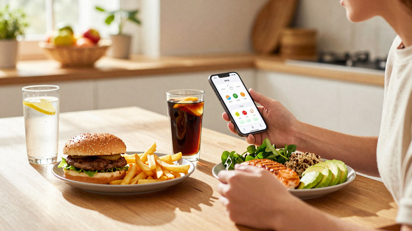 Person holding smartphone showing health app, with a burger and fries plate and a healthy meal plate on table.