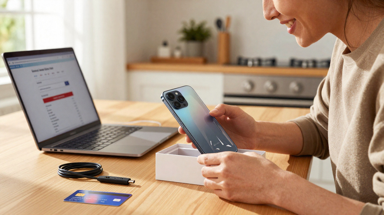 Person unboxing a new smartphone at a wooden kitchen table with laptop, charging cable, and credit card nearby.