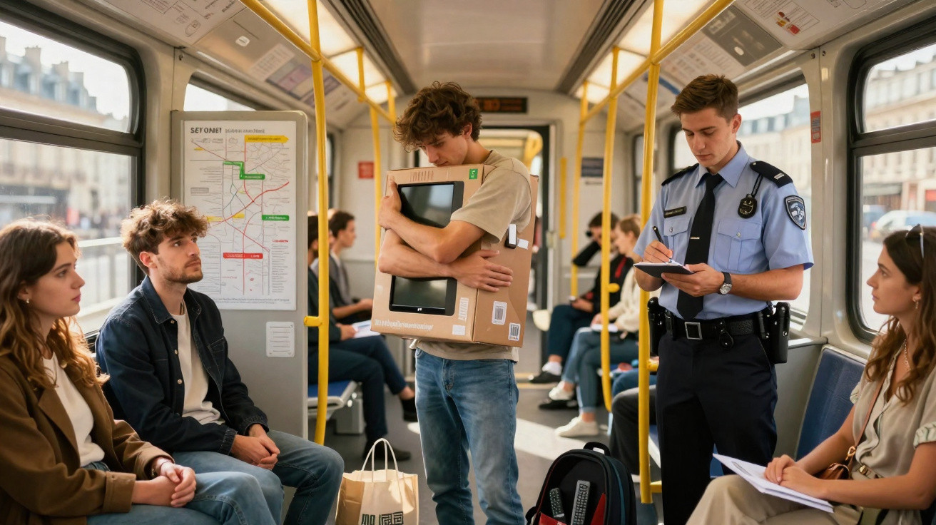 Policeman writing a ticket to a young man carrying a boxed laptop on a crowded metro train.