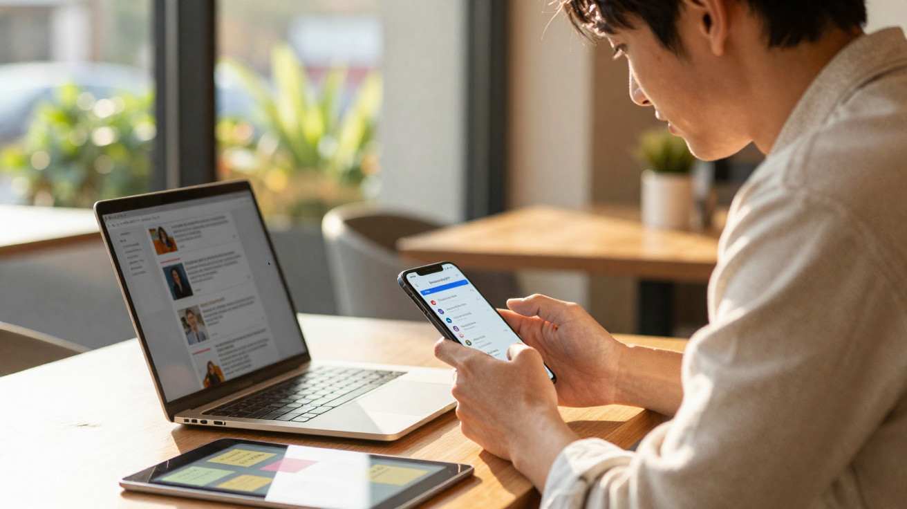 Man using a smartphone with a laptop and tablet on a wooden table in a brightly lit room.