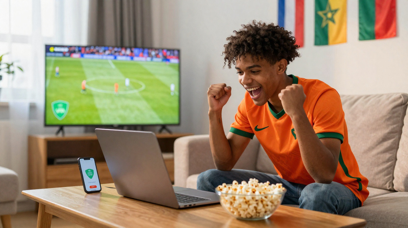 Young man in orange football jersey cheering while watching a match on laptop with popcorn on table.