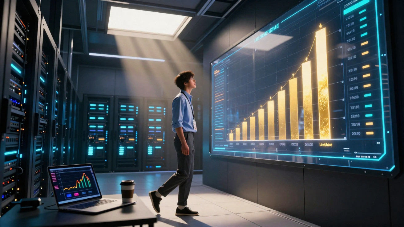 Person analysing glowing digital bar chart in a futuristic data centre with servers and laptop nearby.