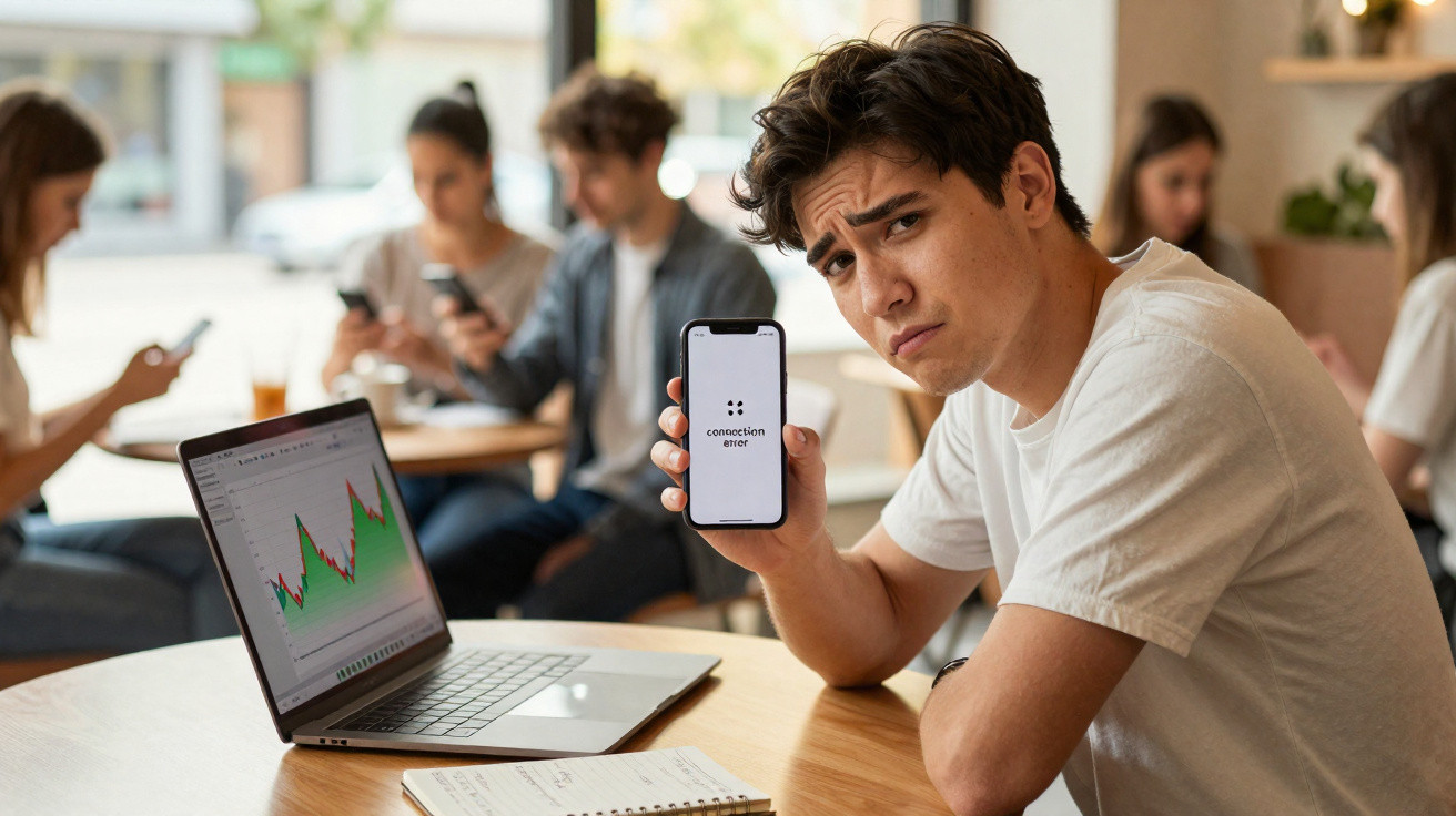 Young man at café showing phone with "connection error" message, laptop with graph open, others using phones in background.