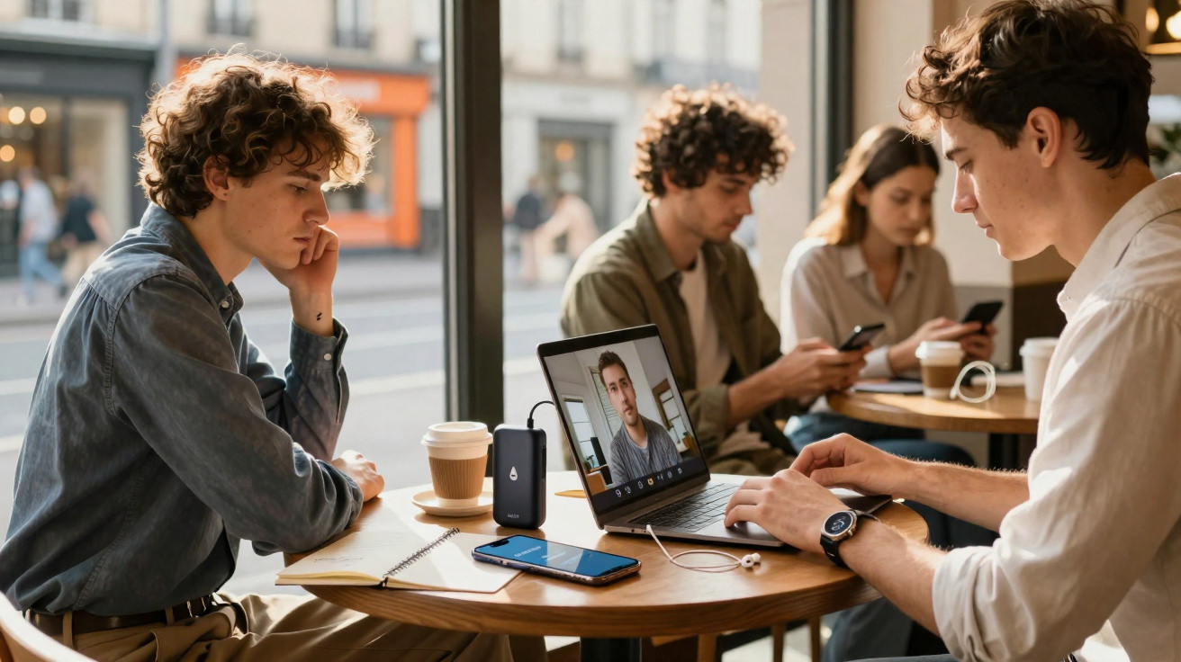 Four young adults at a cafe, two using laptops and two on their phones, with coffee on the table.