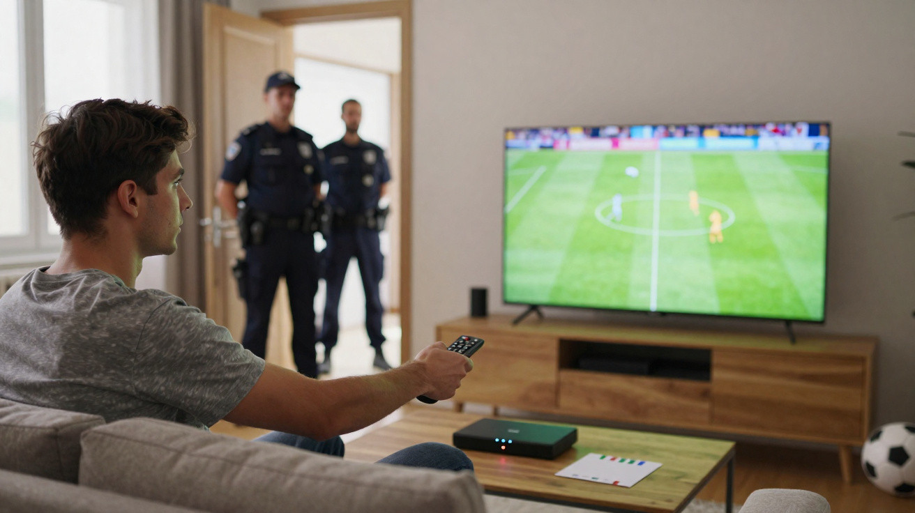 Young man holding a remote watching a football match on TV while two police officers stand in the doorway.