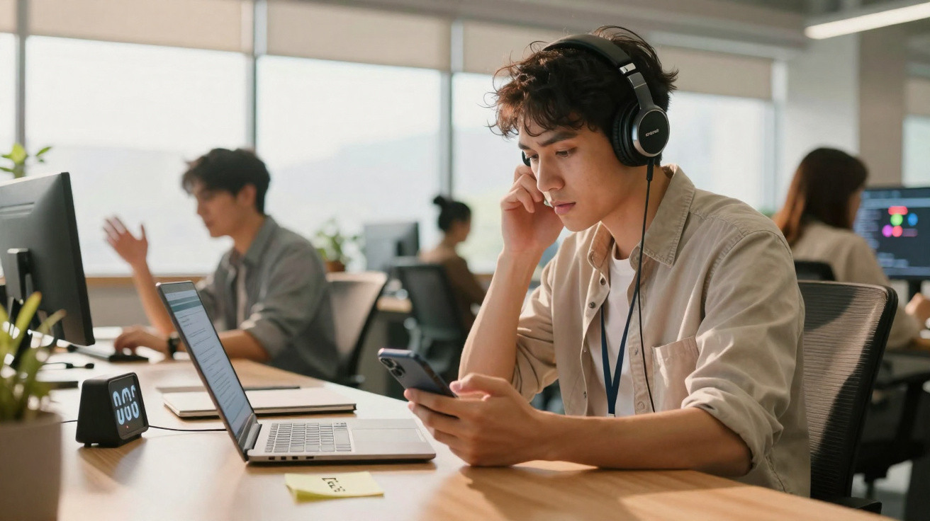 Young man wearing headphones and using a smartphone at a shared office desk with colleagues working nearby