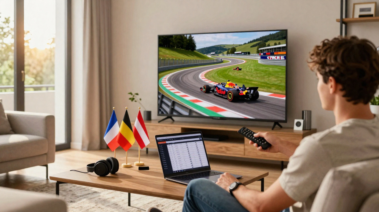 Person holding remote watching Formula 1 race on TV with laptop and small flags on coffee table.