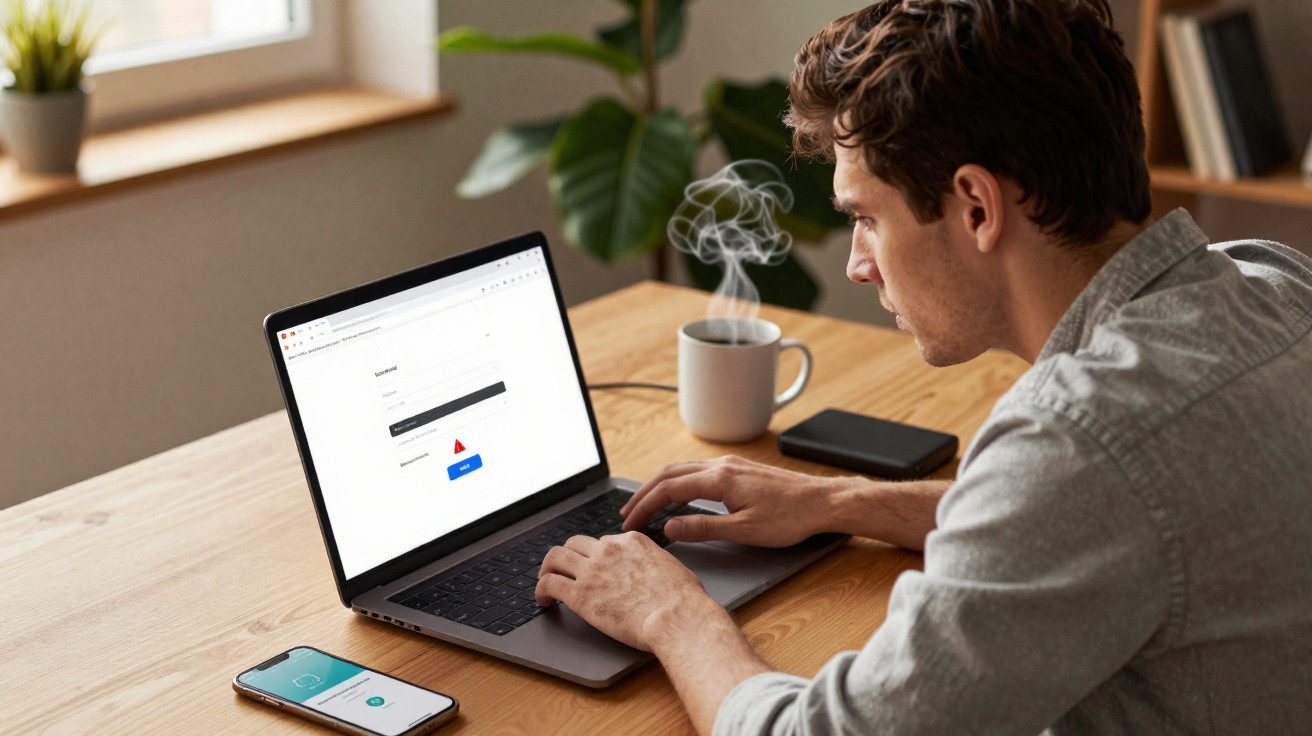 Man typing on laptop at wooden table with steaming mug and smartphone nearby in bright room.