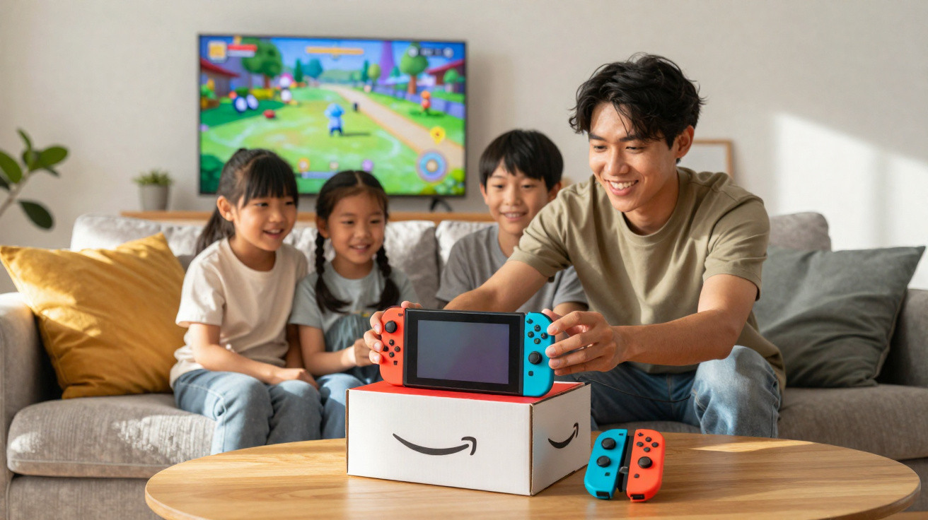 Young man and three children playing video games on a console in a cosy living room.