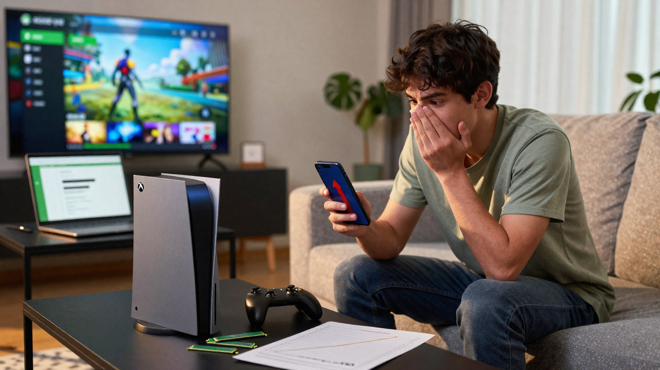 Young man sitting on sofa looking shocked at phone, with gaming console, controller, laptop and paperwork on table.