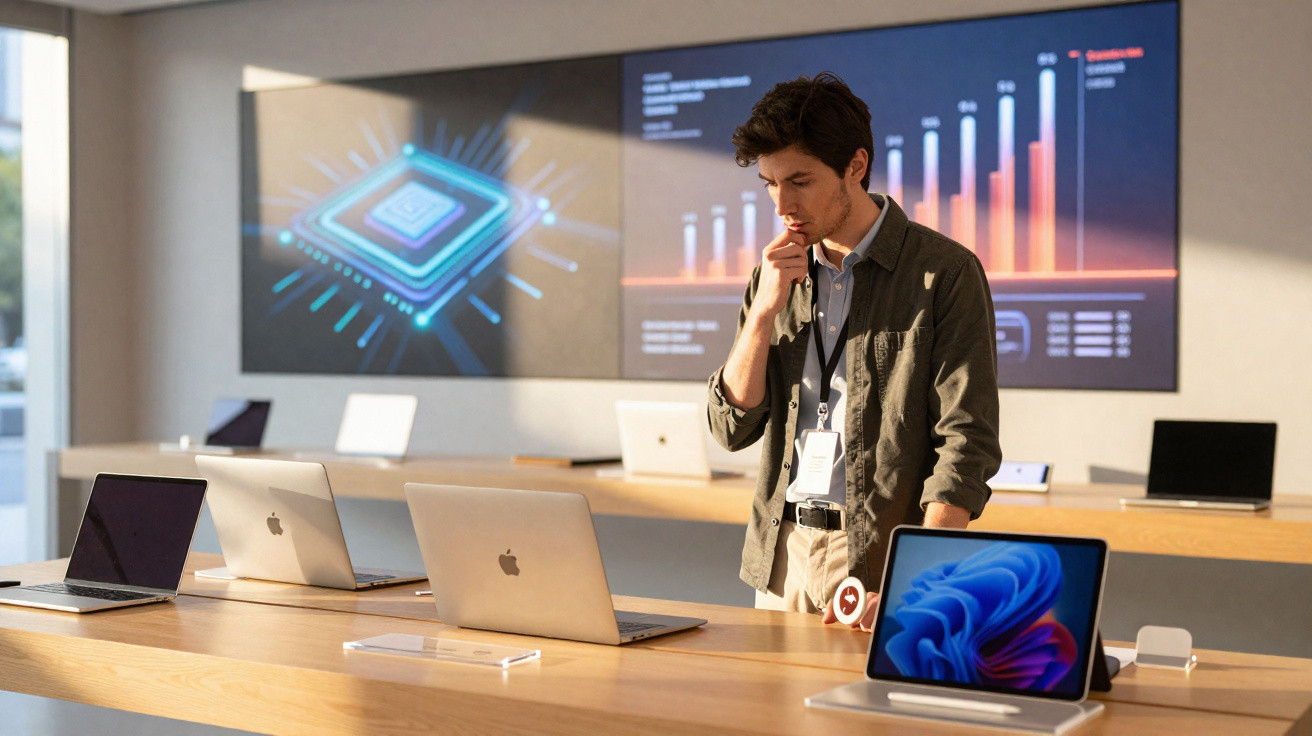 Man in tech store examines laptops and tablet with digital chip and bar charts displayed on screen behind him.