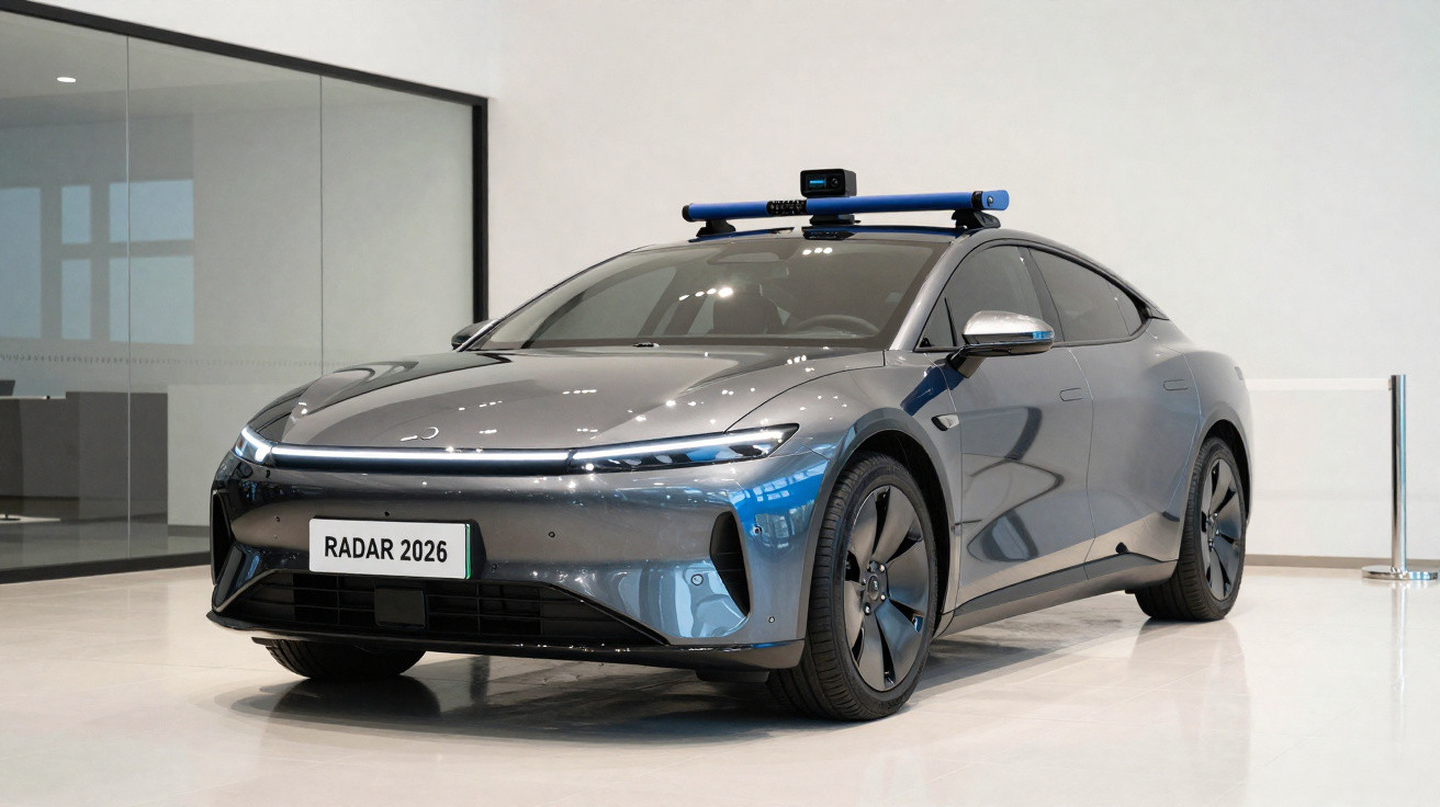 Futuristic grey electric sedan with radar sensors on roof and licence plate reading RADAR 2026, displayed indoors.
