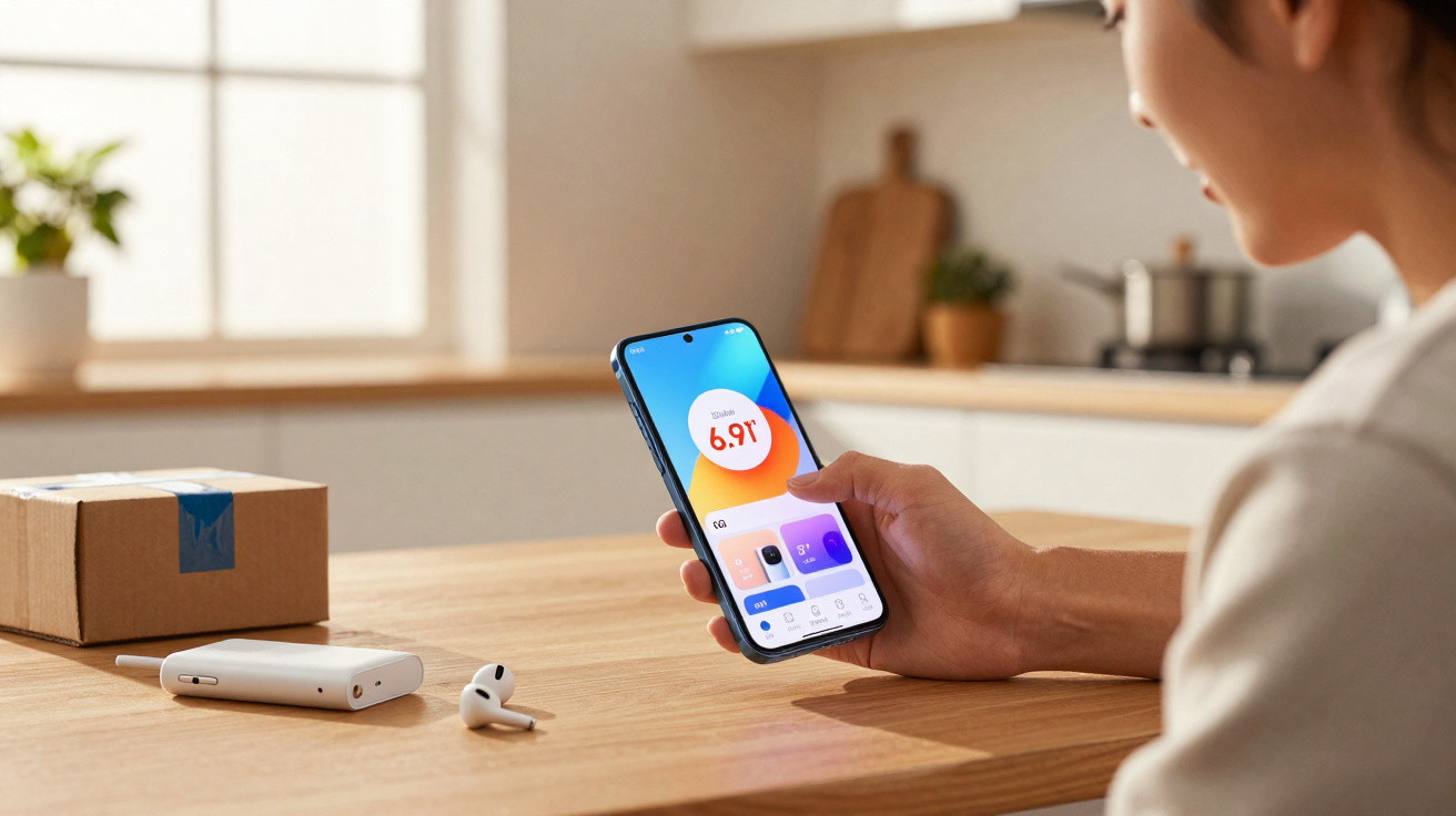 Person using smartphone app to check blood glucose levels in a modern kitchen setting