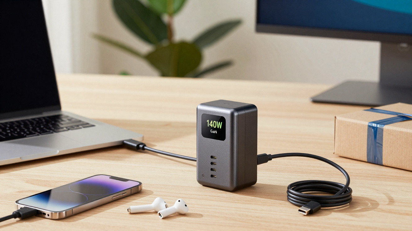 140W GaN fast charger with multiple USB ports charging a laptop and smartphone on a wooden desk.