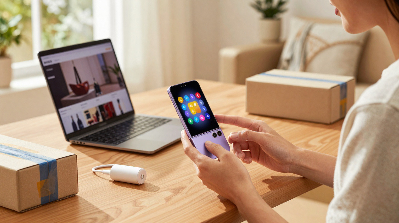 Person using a purple flip smartphone at a wooden desk with a laptop and cardboard parcels nearby.