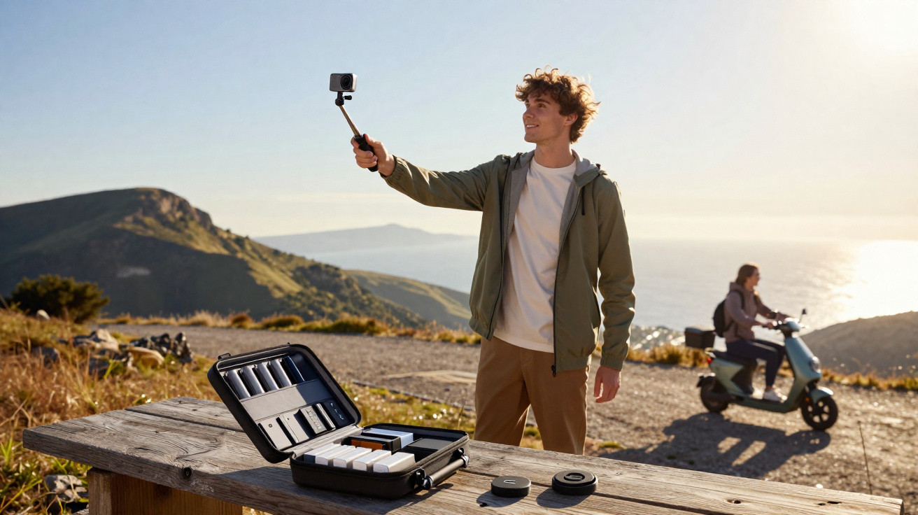 Young man using a handheld camera on a selfie stick outdoors with mountains and a person on a scooter in the background.