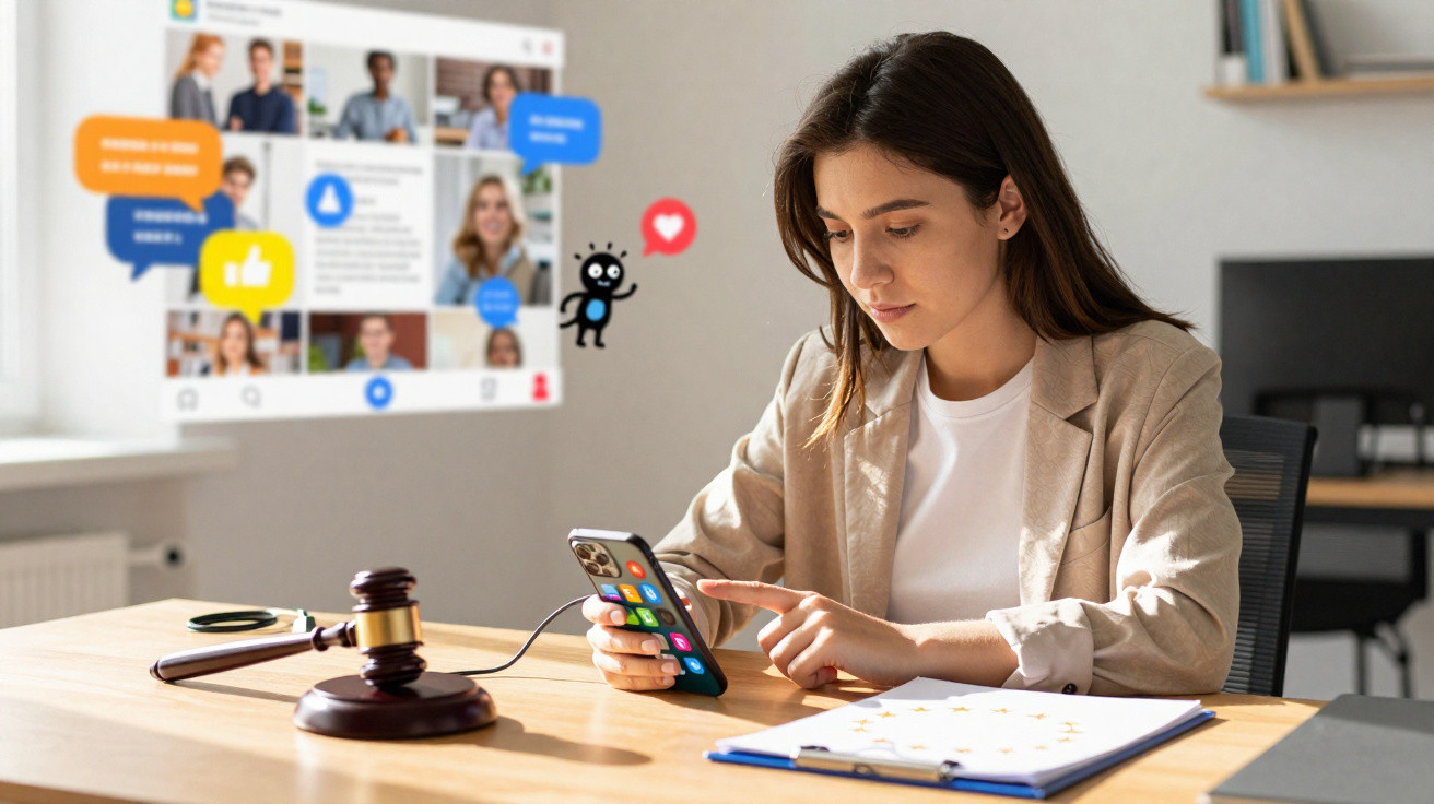 Woman in beige blazer using smartphone at desk with gavel and clipboard, video call interface with reactions floating nearby.
