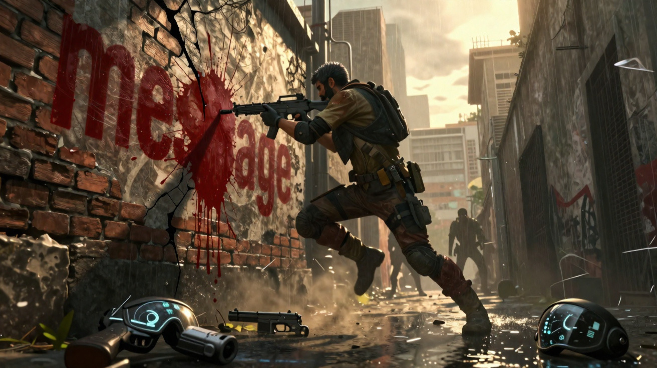 Armed soldier aiming rifle while running in a gritty urban alley with drones and shadowy figures behind.