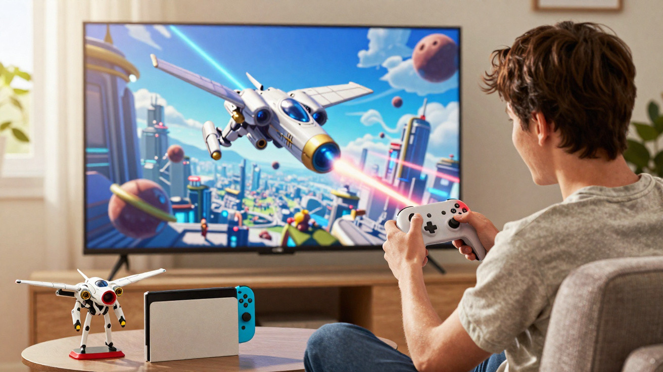 Person playing a futuristic space shooter game on a TV with a controller and game console on the table.