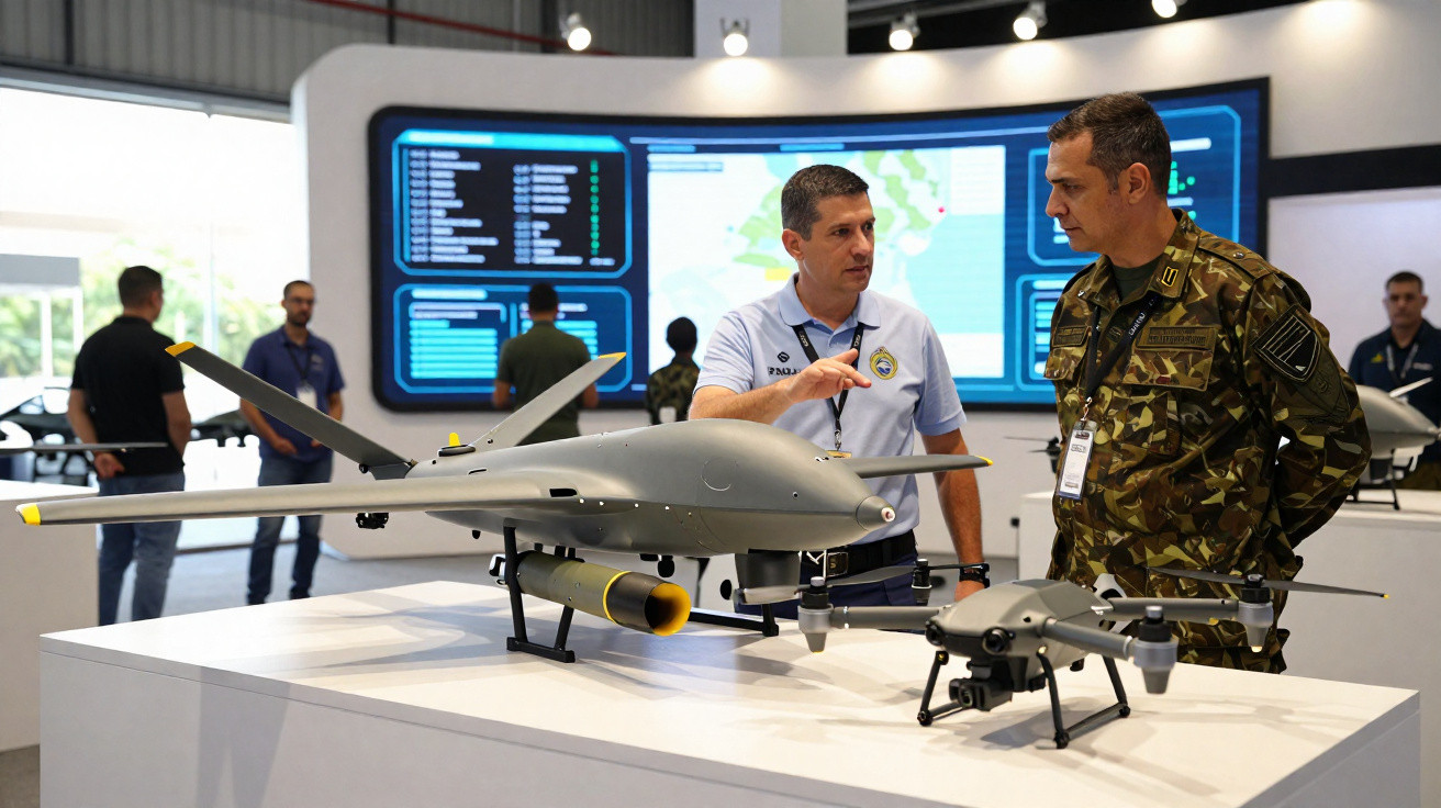 Two men discuss military drones displayed on a white table at an indoor exhibition.
