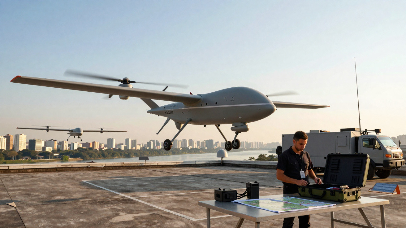 Two drones flying near a man operating equipment on a rooftop with a city skyline in the background.