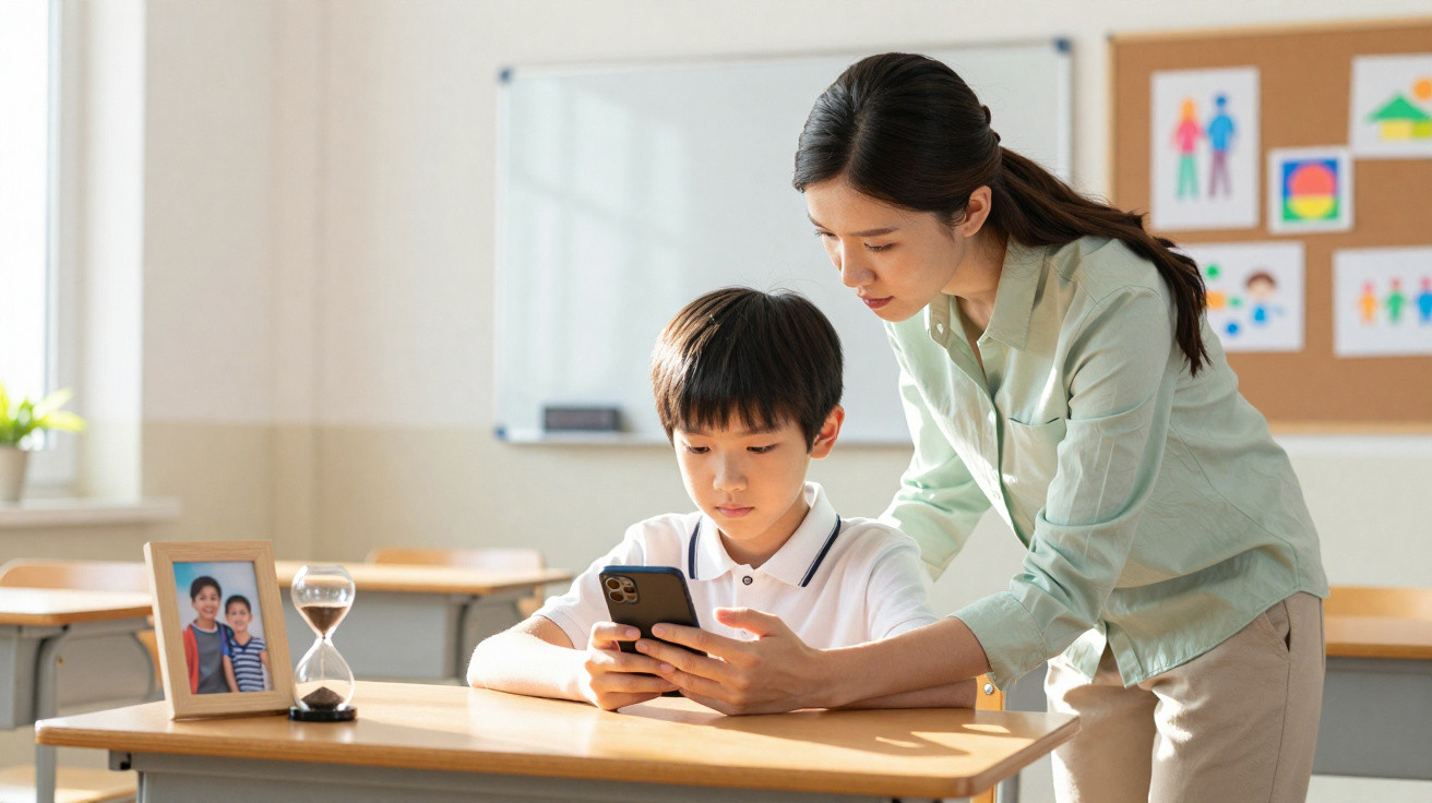 Teacher assisting a young boy with a smartphone in a bright classroom with educational posters.