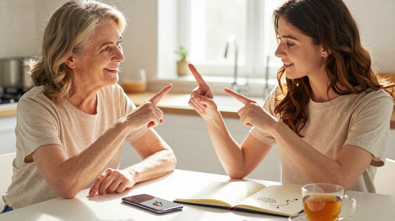 Older woman and younger woman smiling and pointing fingers at each other across a kitchen table.