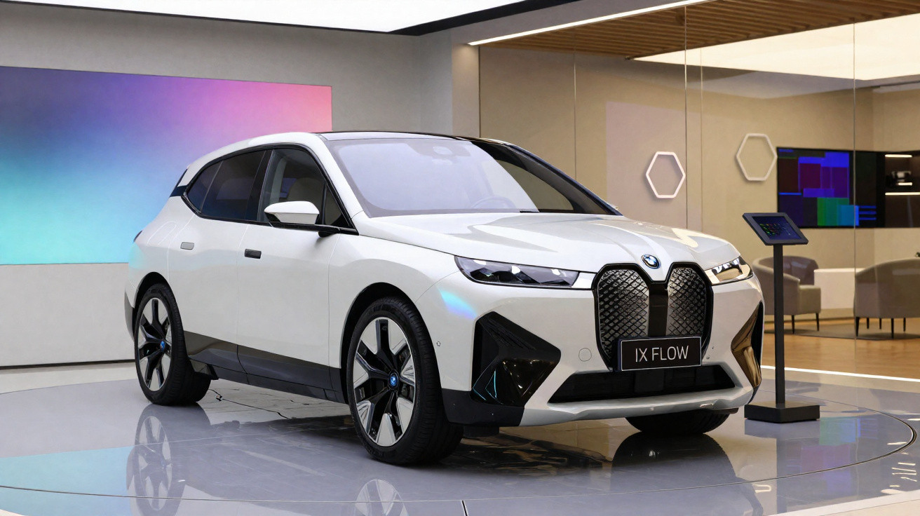 White BMW iX Flow electric SUV with black details displayed indoors on a circular platform.