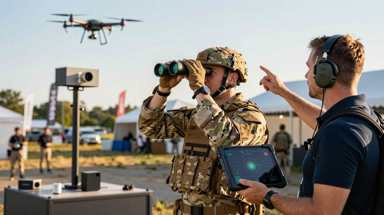 Soldier with binoculars and technician with tablet control drone flying near military tents outdoors.