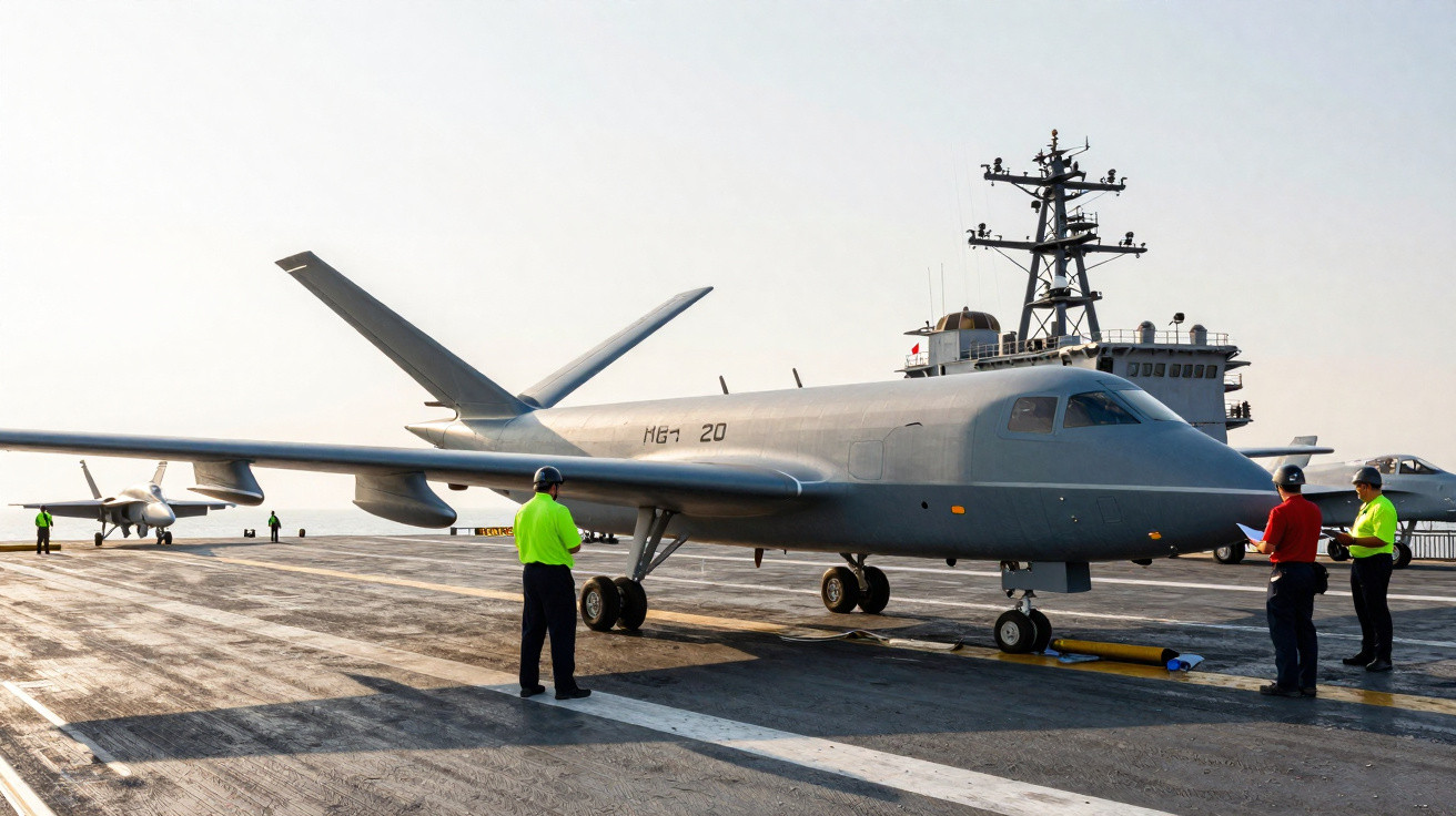 Military drone aircraft on an aircraft carrier deck with crew members in high-visibility clothing.