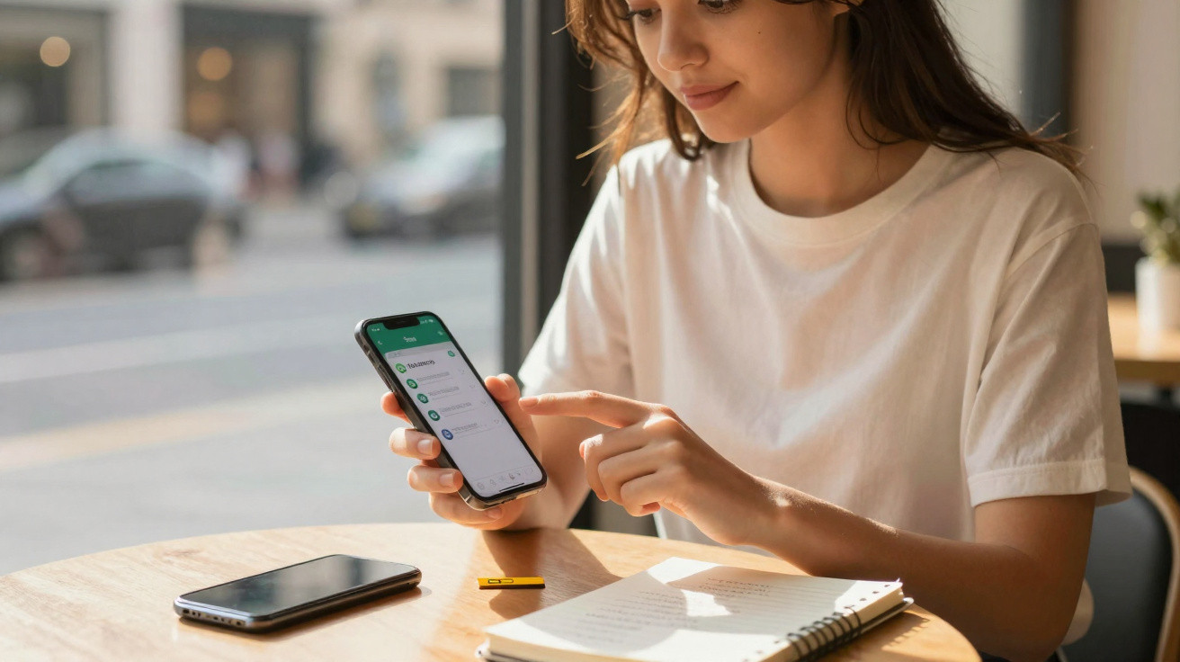 Young woman in a white t-shirt using a smartphone at a table with a notebook and a second phone nearby.