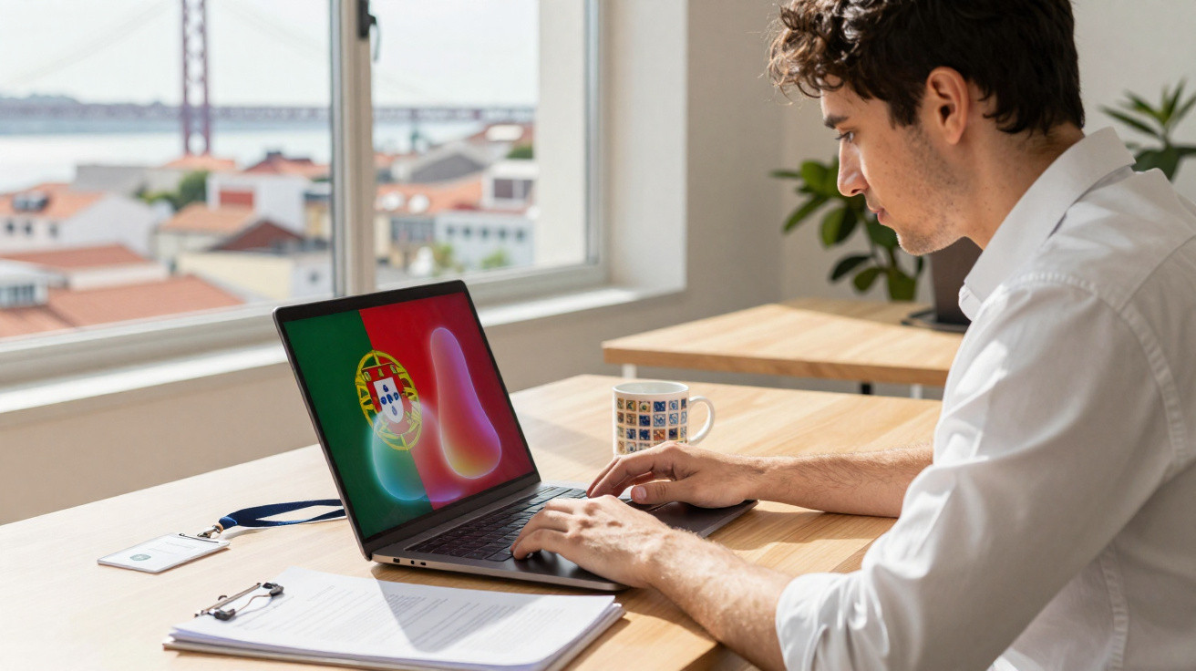 Young man working on a laptop with the Portuguese flag on screen in a bright office by a window.