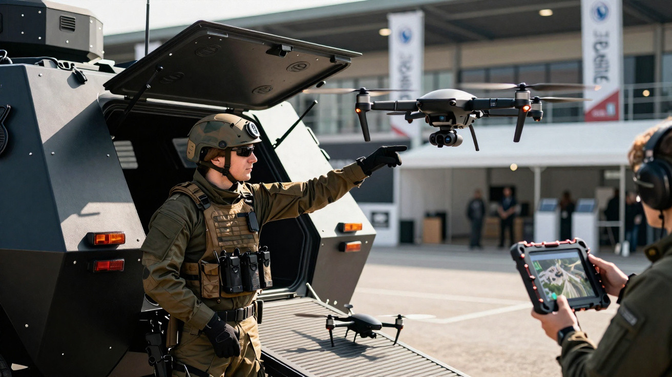 Military personnel operating a drone near an armoured vehicle in an outdoor urban area.