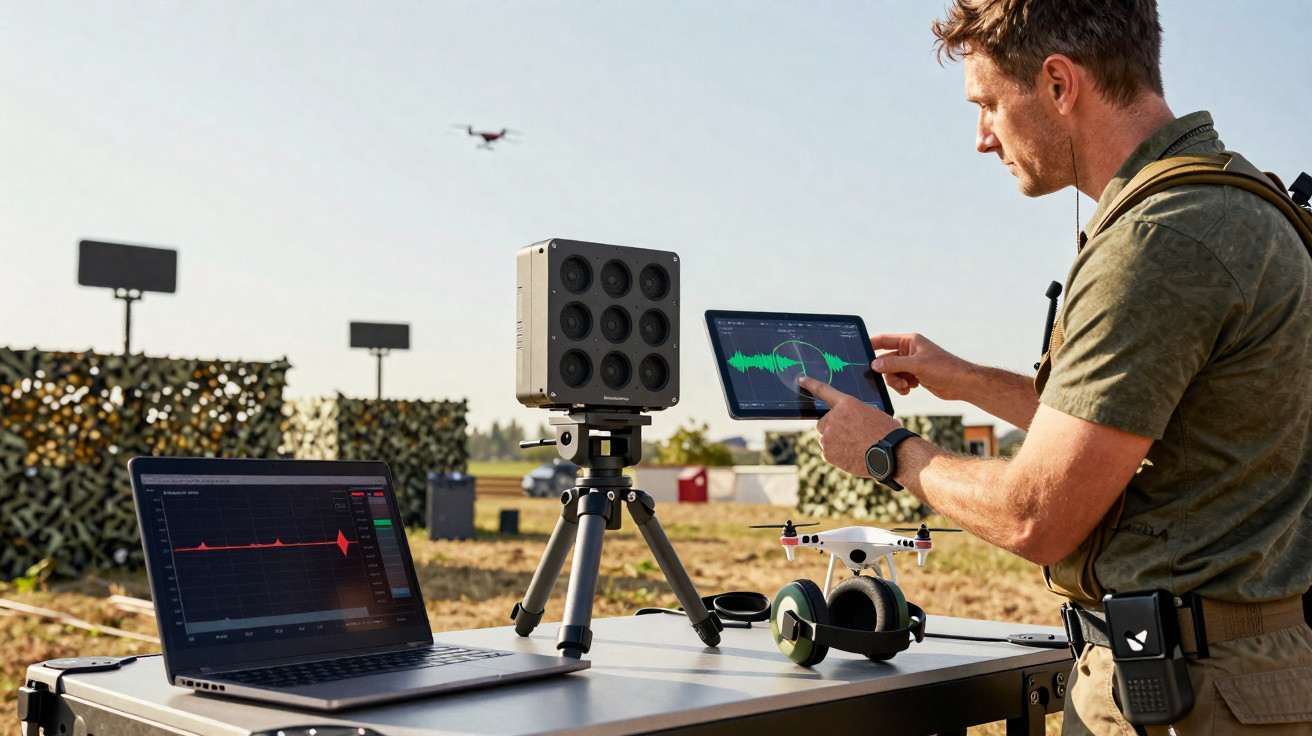 Man operates sound detection equipment with laptop and tablet to track a flying drone outdoors.