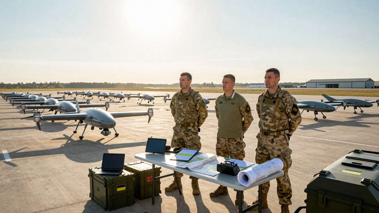 Three soldiers stand by a table with maps and laptops on an airfield with multiple drones lined up.