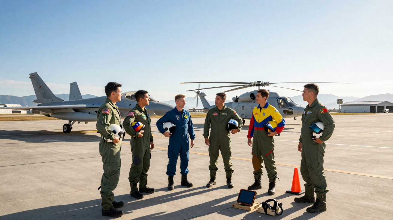 Six pilots in flight suits standing on an airfield with fighter jets and a helicopter in the background.