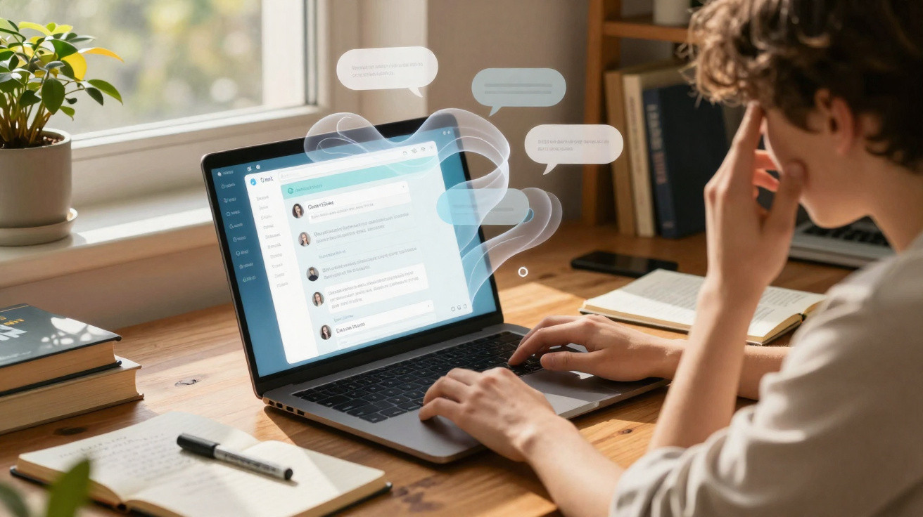 Person using a laptop on a wooden desk, viewing email messages with animated chat bubbles above the screen.