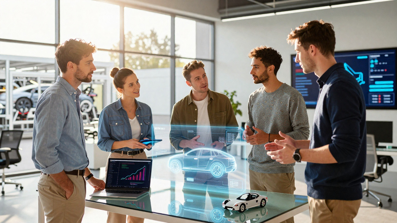 Five young professionals discuss a holographic car model projected above a table with a laptop and toy car in a modern office