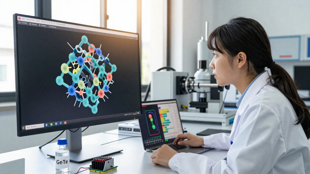 Scientist analysing molecular structure on computer screens in a modern laboratory setting.