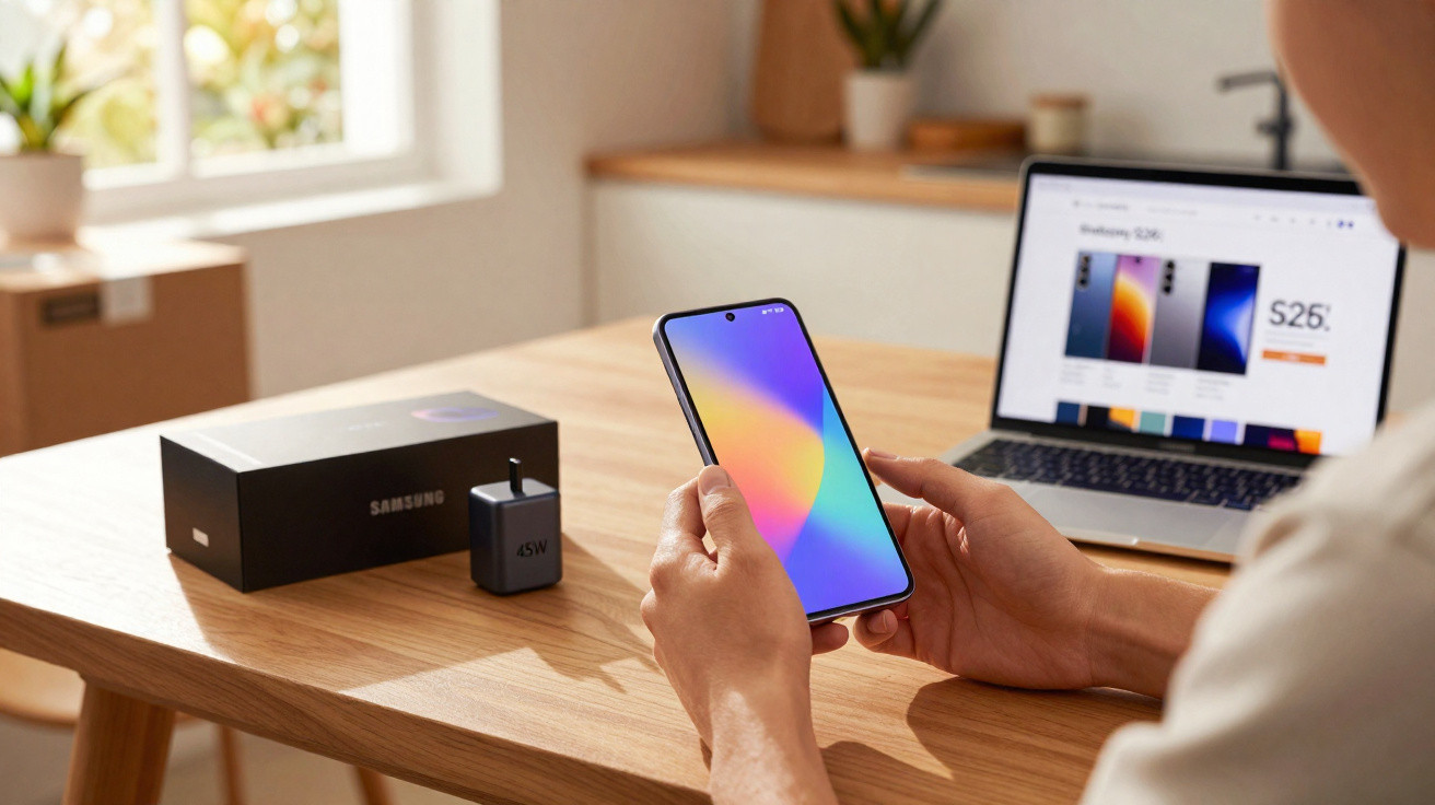 Person holding a Samsung smartphone with box and charger on table, laptop displaying Samsung Galaxy S23 product page.