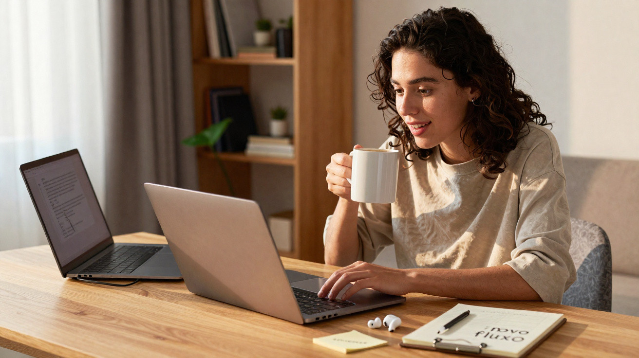 Young woman working on laptop while holding a cup, with notebooks and earbuds on the table in a bright room.