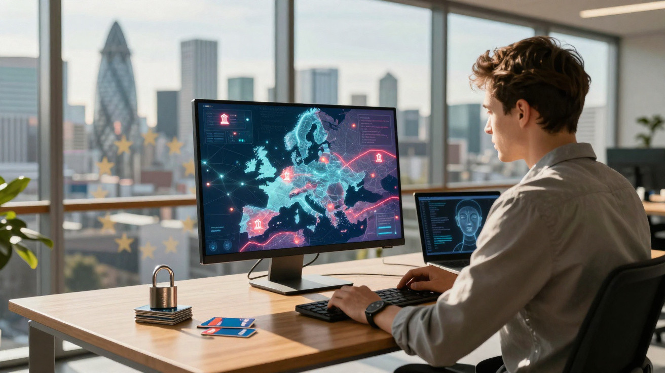 Man analysing digital map of Europe on computer in modern office with London skyline in background