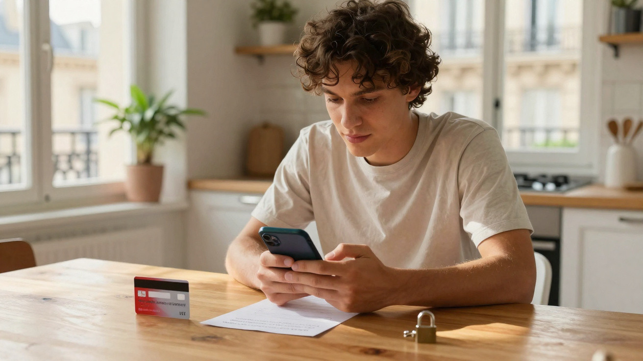 Young man sitting at a wooden table using smartphone with credit card and padlock nearby in a bright kitchen.