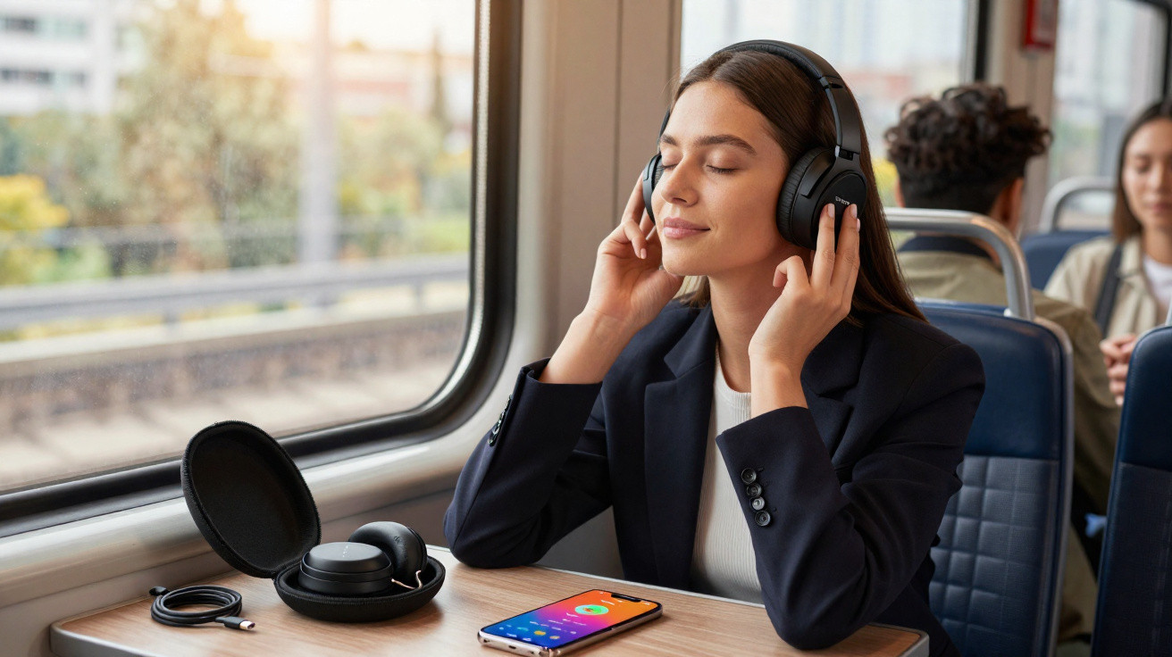 Young woman enjoying music with headphones on a train, smartphone and headphone case on the table.