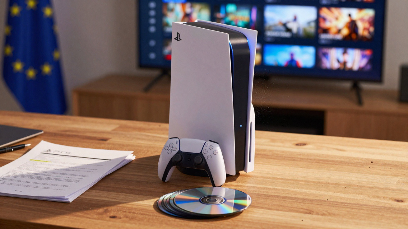 PlayStation 5 console with a controller and discs on a wooden table, TV screen blurred in background.