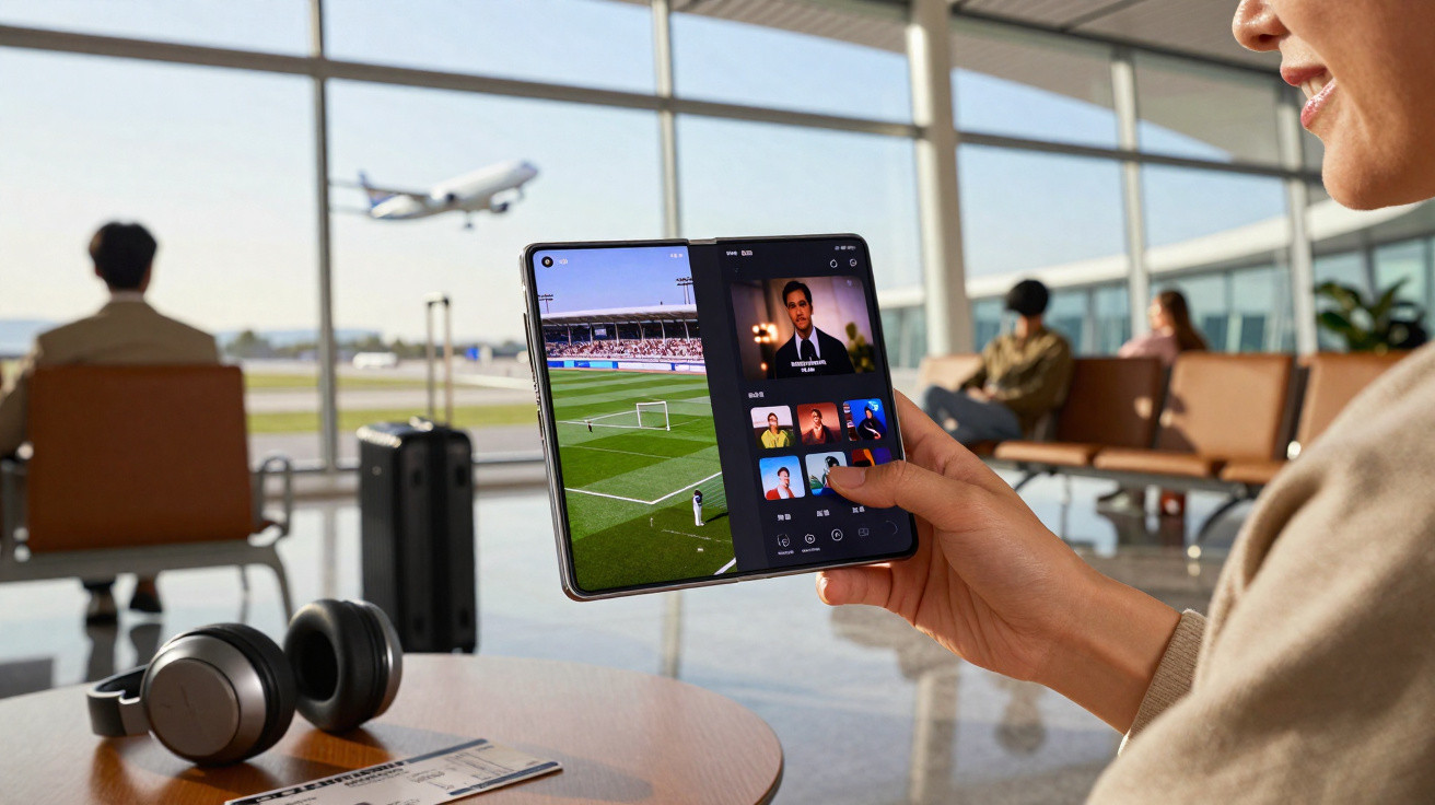 Person holding a foldable smartphone showing a football match and video call in an airport lounge with plane outside.