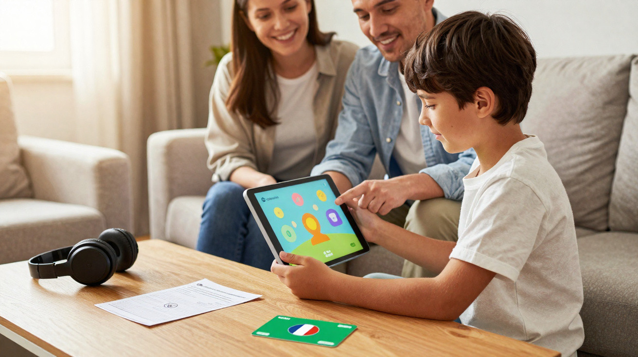 A family sitting on a sofa, a boy holding a tablet with a language learning app, card with French flag on the table.