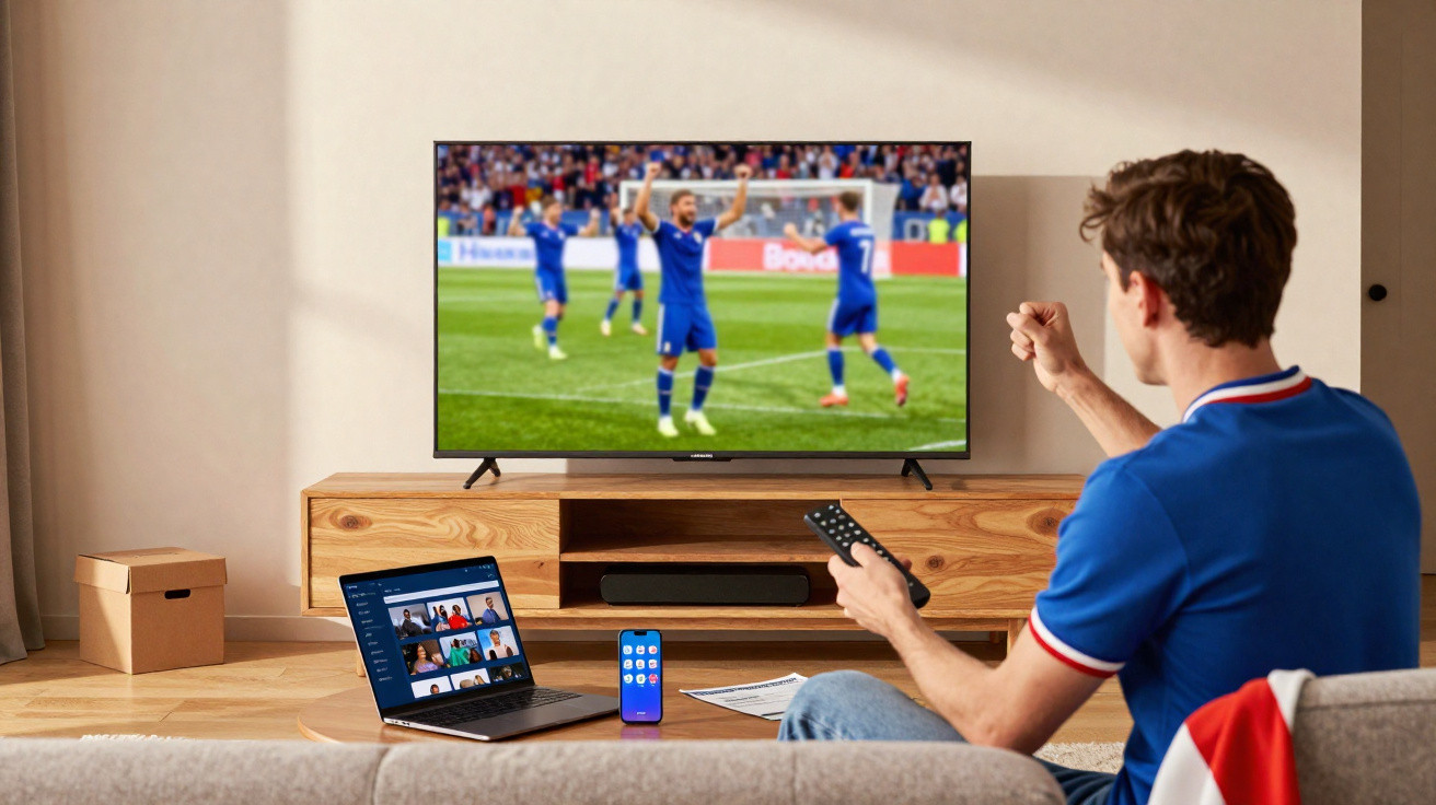 Man in blue shirt watching football match on TV, holding remote, with laptop and smartphone on table.