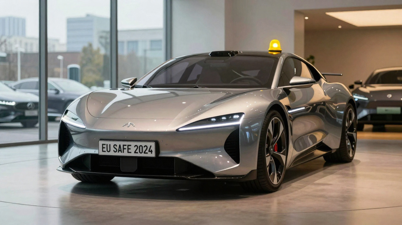 Silver futuristic electric car with EU SAFE 2024 license plate in a modern showroom with city buildings outside.