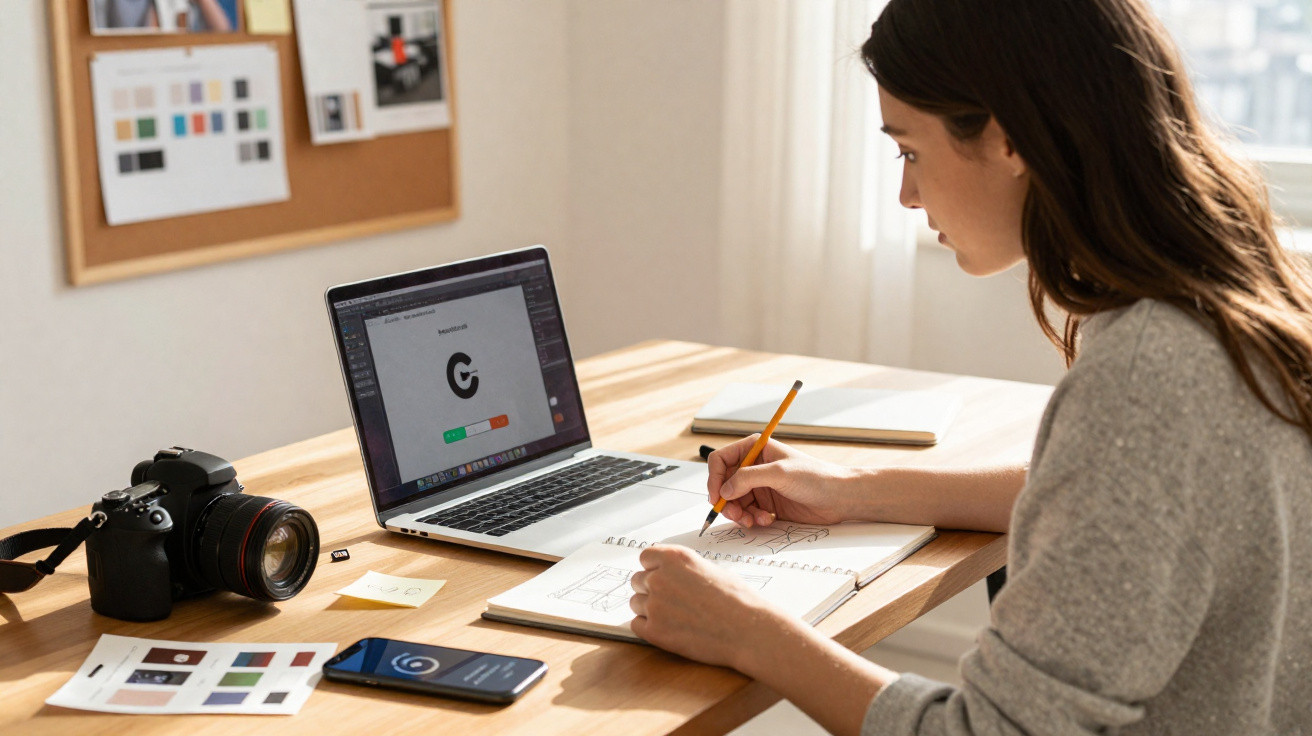 Woman sketching designs at a desk with a laptop, camera, smartphone, and colour samples in a sunlit room.